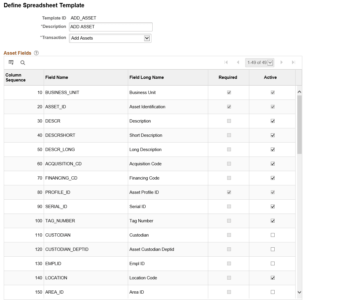 Define Spreadsheet Template Page (Add Assets)