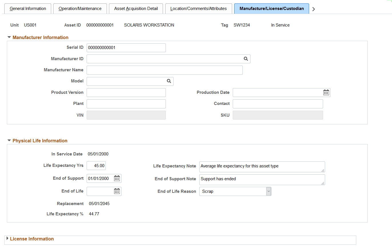 Manufacture/License/Custodian page (1 of 2)