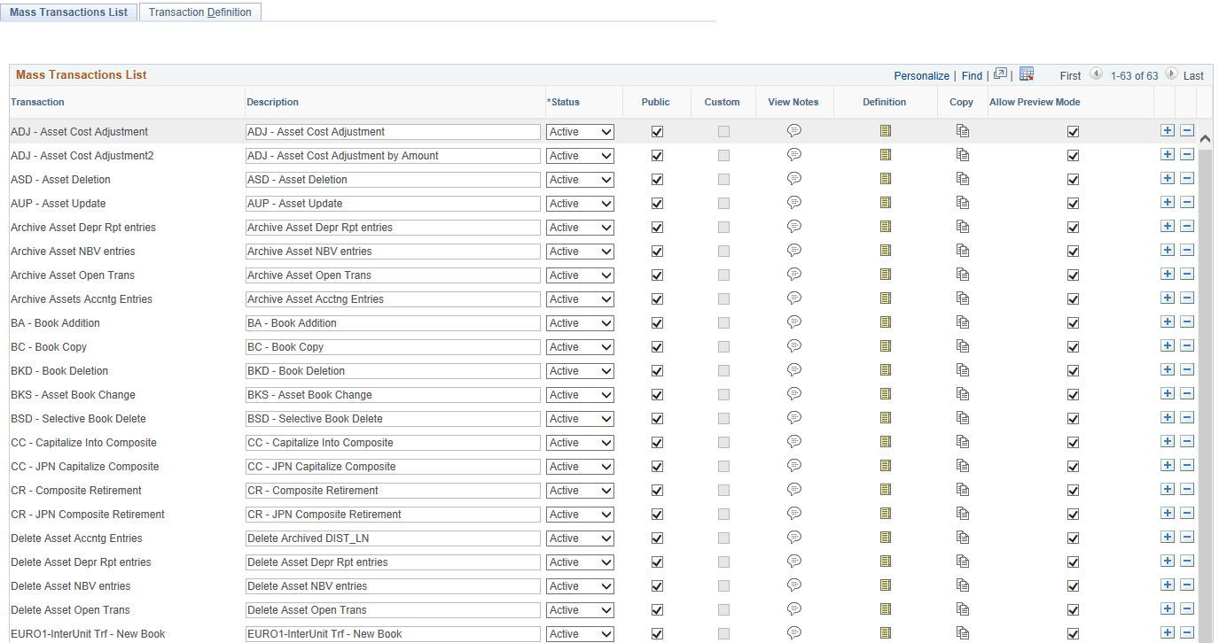 Mass Transactions List page (1 of 2)