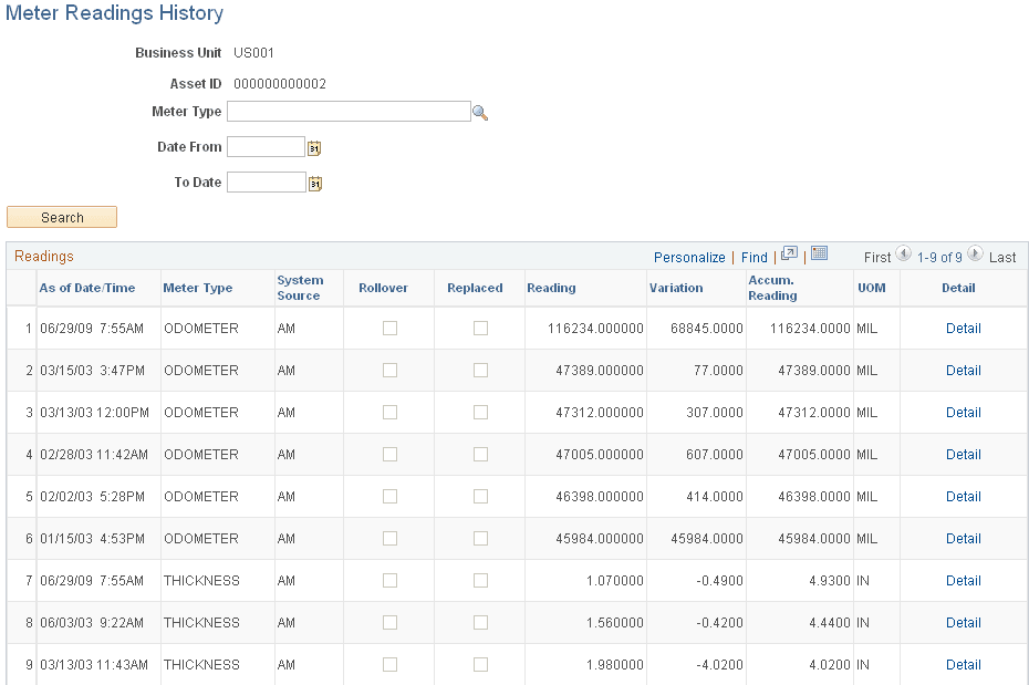 Meter Readings History page