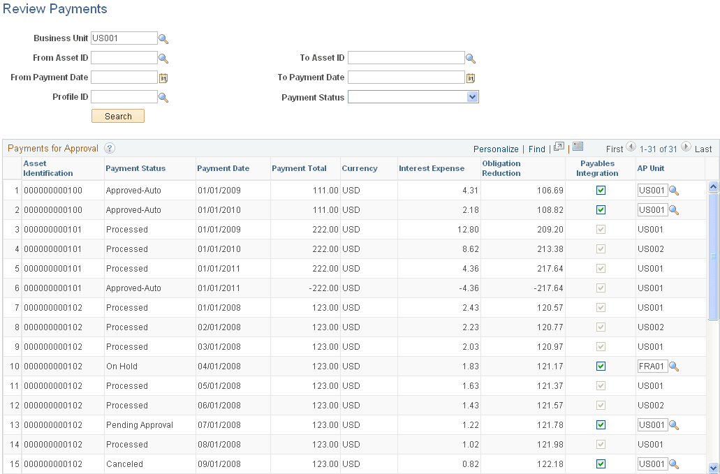 Review Payments page
