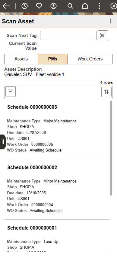 Scan Asset page - Preventative Maintenance