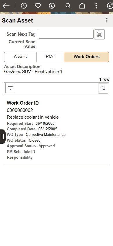 Scan Asset page - Work Orders