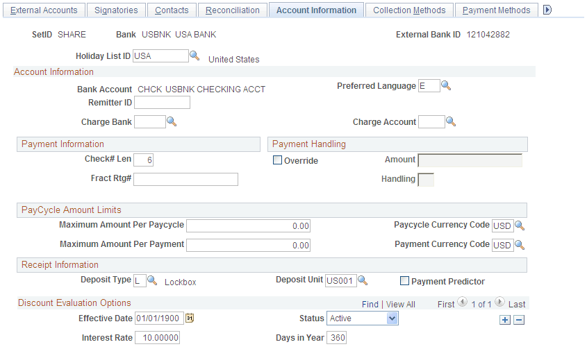 External Accounts - Account Information page