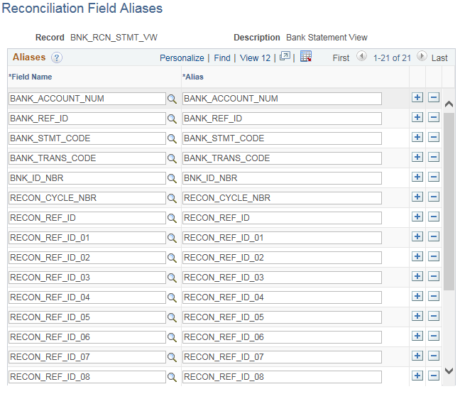 Reconciliation Field Aliases page