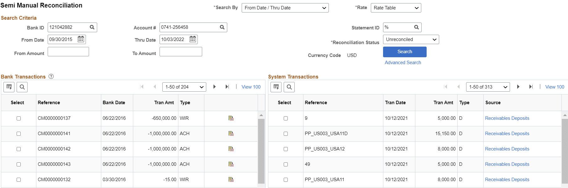 Semi Manual Reconciliation page (1 of 2)