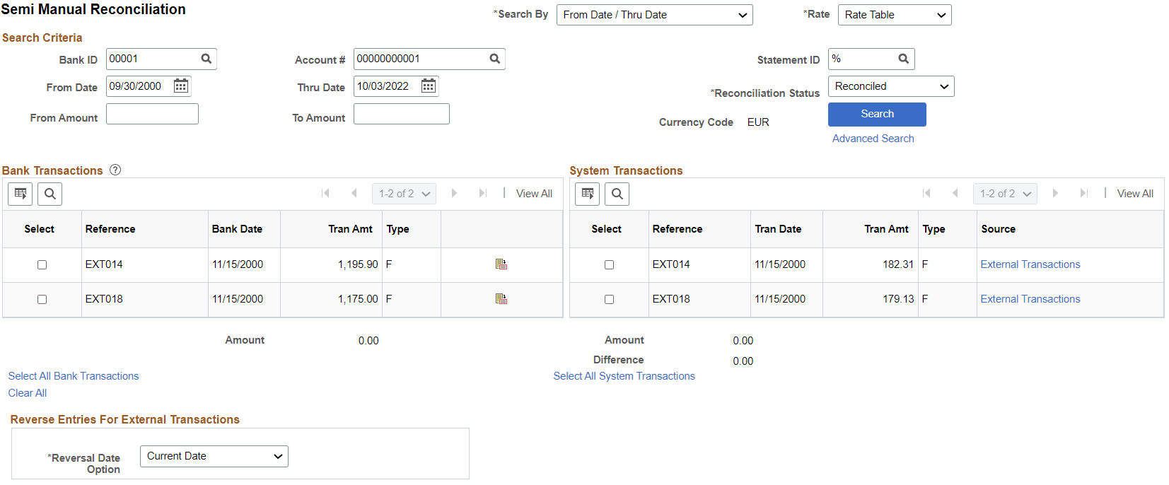 Semi Manual Reconciliation page for reconciled transactions