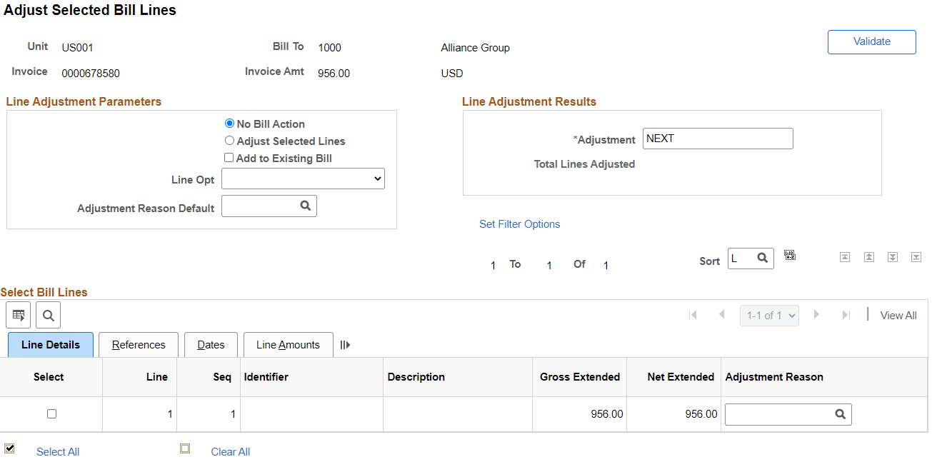 Adjust Selected Bill Lines page