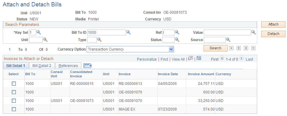 Attach and Detach Bills page