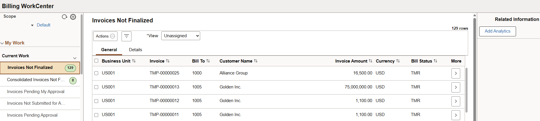 Billing WorkCenter - Invoices Not Finalized (Work Management)