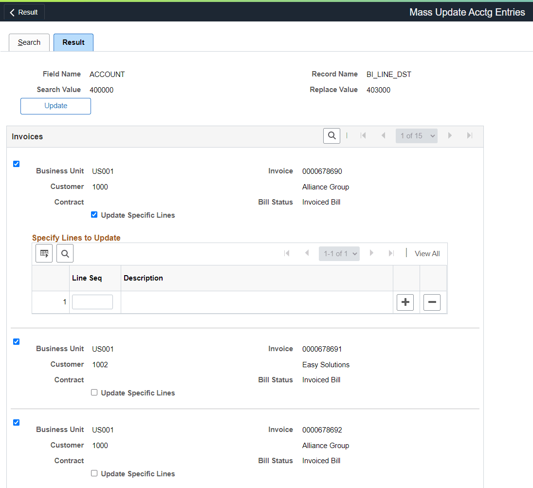 Mass Update Accounting Entries - Results page