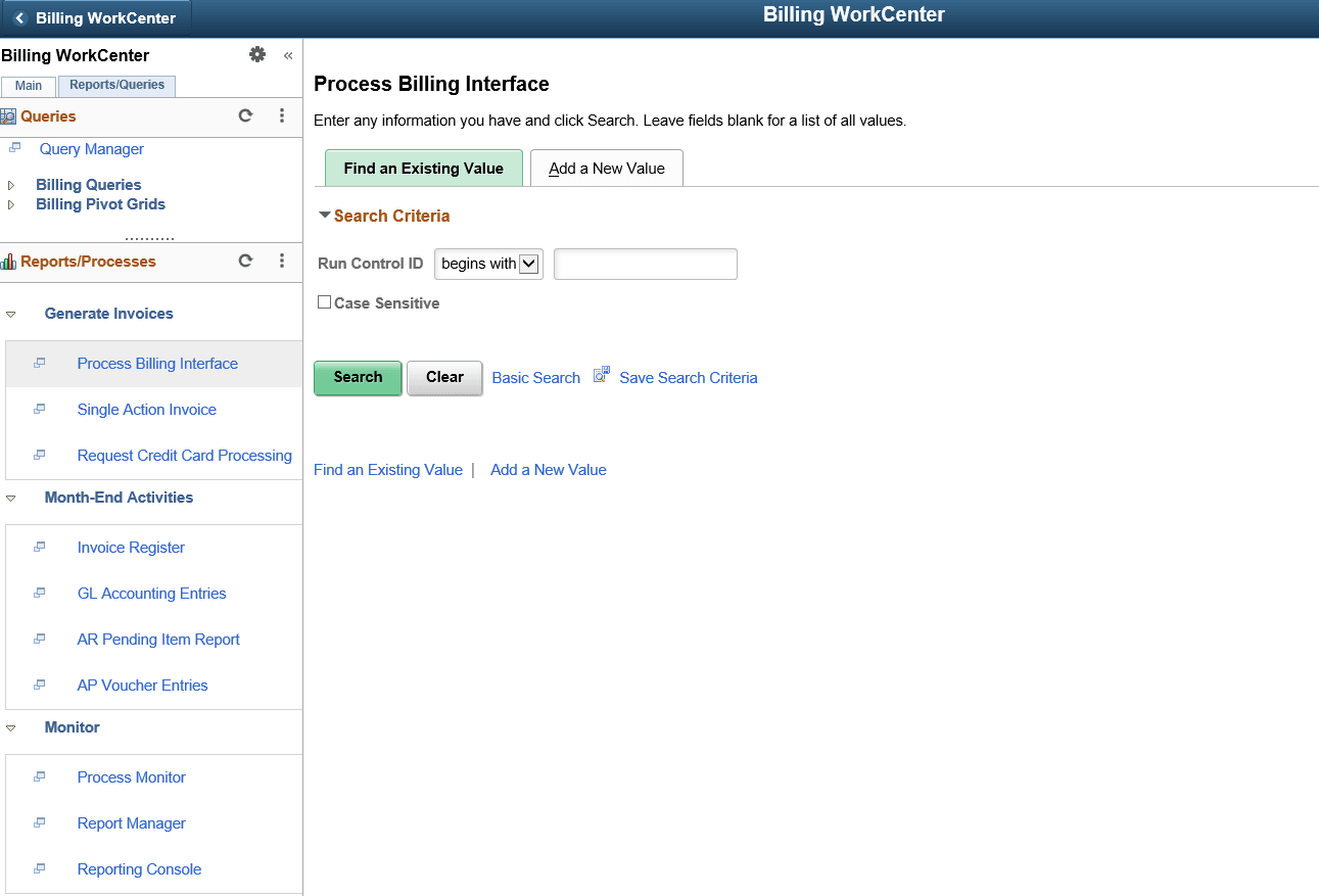 PeopleSoft Classic Billing WorkCenter Reports and Processes Pagelet