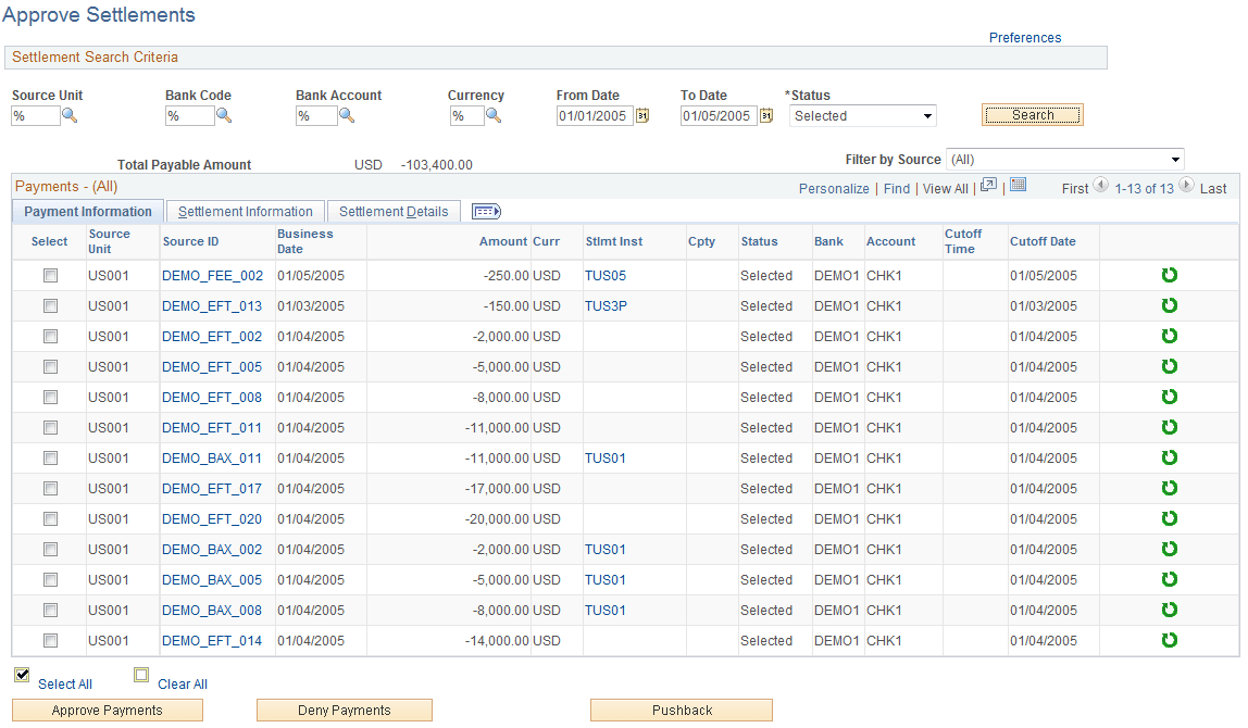 Approve Settlements page