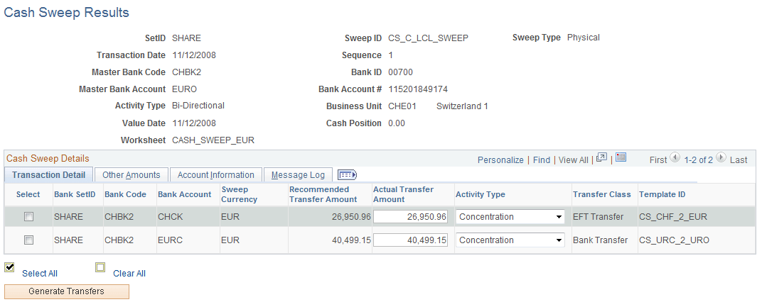 Cash Sweep Results page