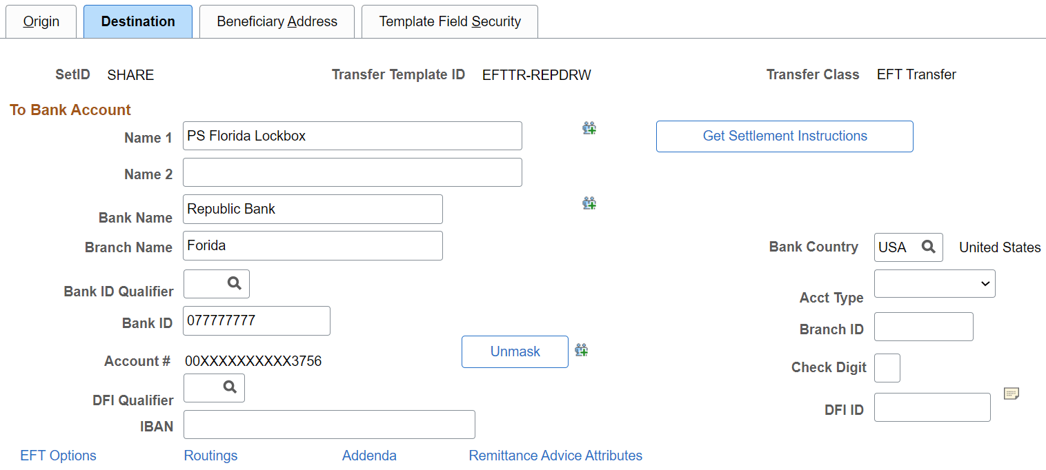 Enter Transfer Templates - Destination Page
