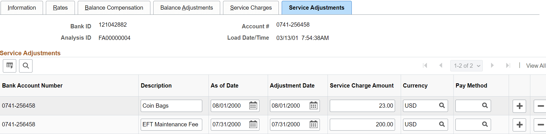 Fee Statements - Service Adjustments page
