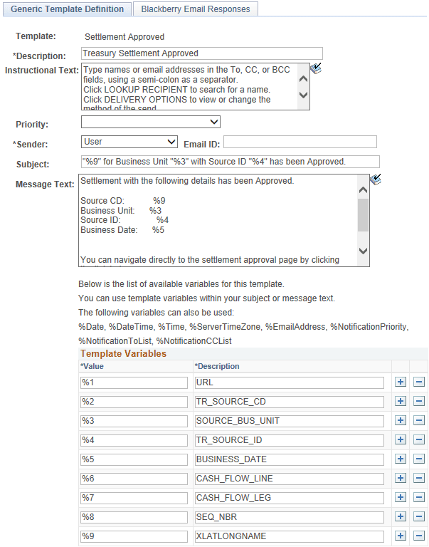 Generic Template Definition page for Settlement Approved