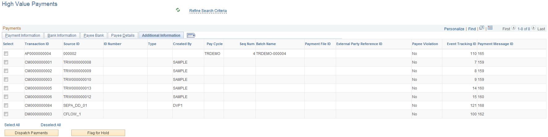 High Value Payments page - Additional Information tab