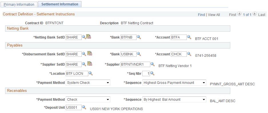 Netting Contracts - Settlement Information page