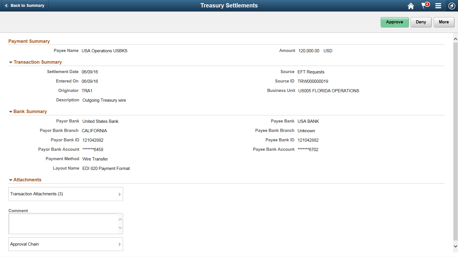 Treasury Settlements - Approval Header Detail page (LFF)