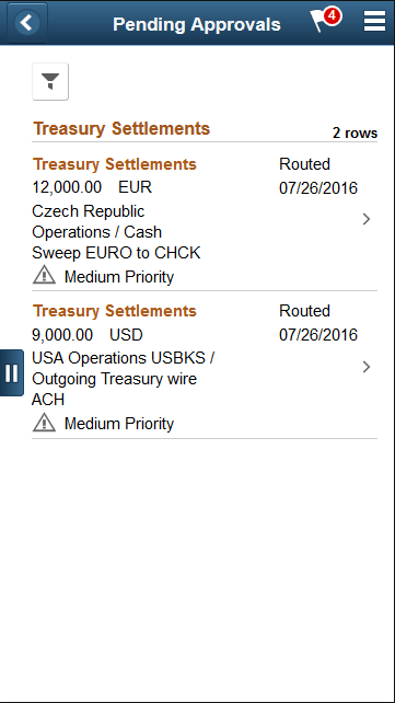 Treasury Settlements - Pending Approvals list page (SFF)