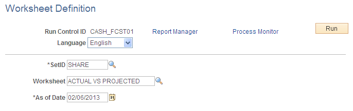 Worksheet Definition report run control page