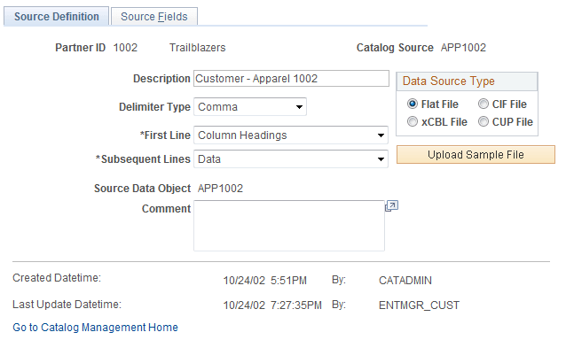 Maintain Catalog Sources - Source Definition page