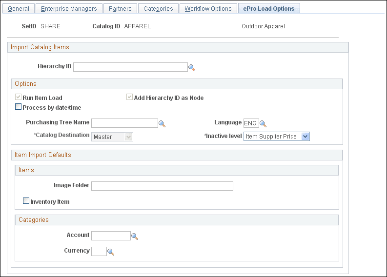 Maintain Catalogs ePro Load Options Page