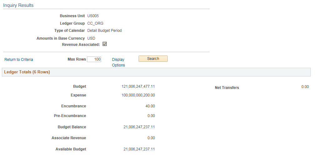 Budget Overview Inquiry Results page (1 of 2)