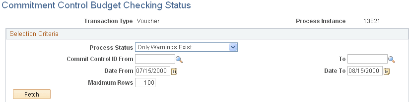 Commitment Control Budget Checking Status page