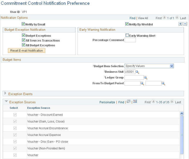Commitment Control Notification Preference page