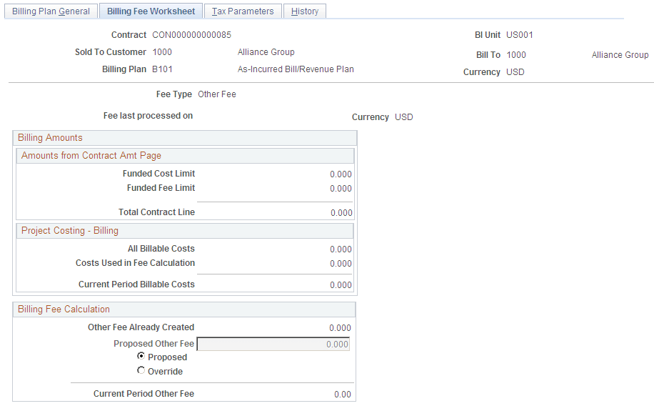 Billing Plan - Billing Fee Worksheet page (1 of 2) (other fee type)