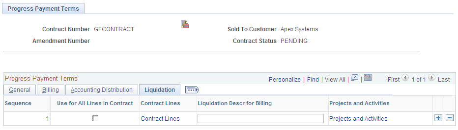 Progress Payment Terms page: Liquidation tab