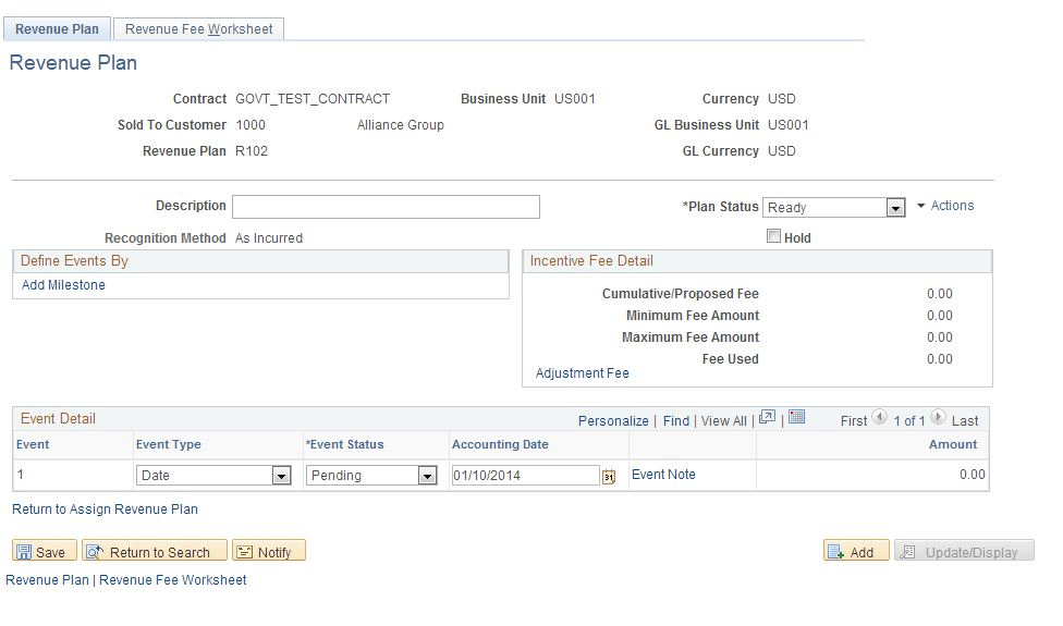 Revenue Plan page (incentive fee schedule)