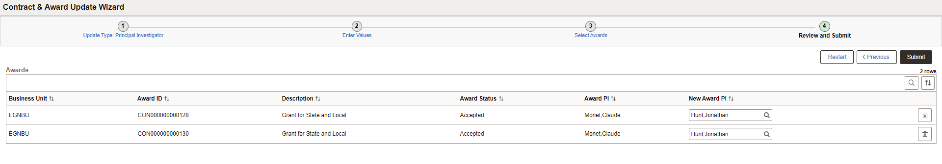 Contract & Award Update Wizard - Review and Submit