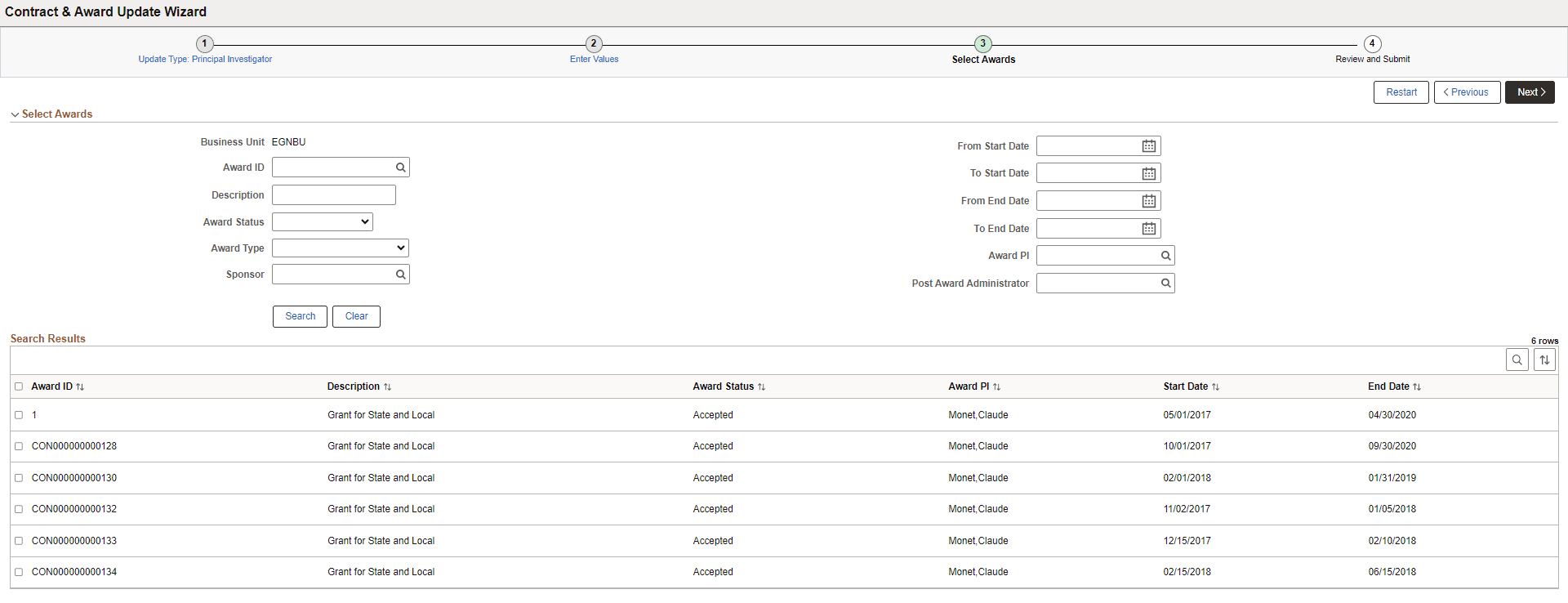 Contract & Award Update Wizard - Select ContractsAwards
