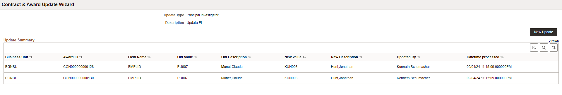 Contract & Award Update Wizard - Update Confirmation