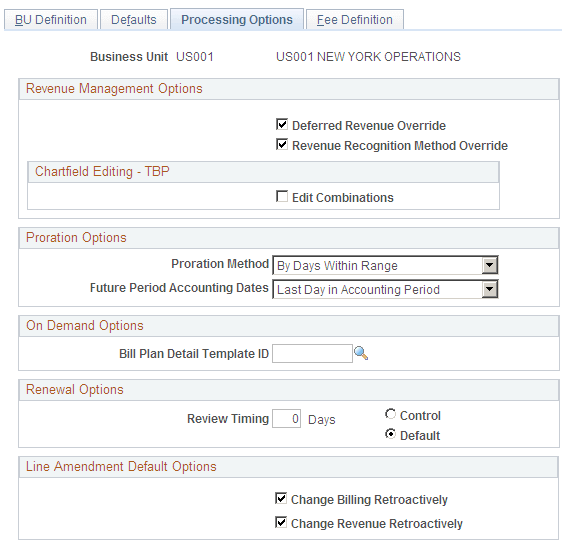 Contracts Definition - Processing Options page