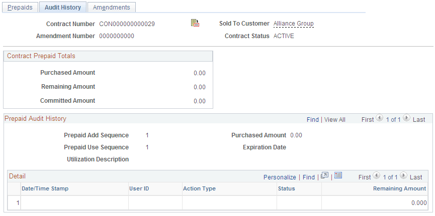 Prepaid Balances - Audit History page