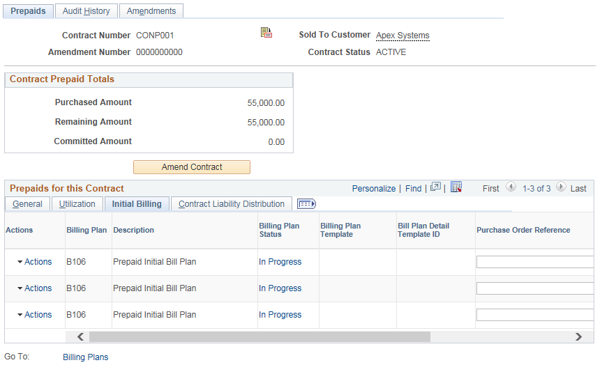 Prepaids page: Initial Billing tab