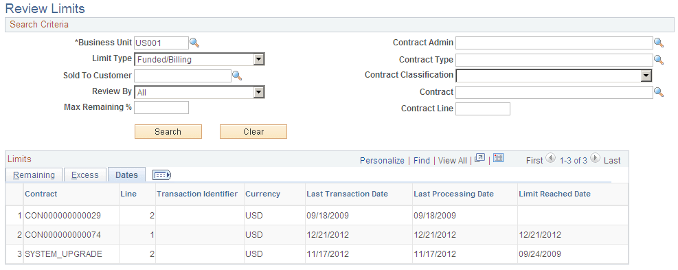 Review Limits page: Dates tab