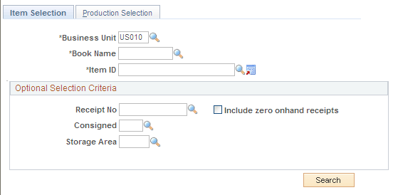 Adjust Actual Cost-Item Selection page.