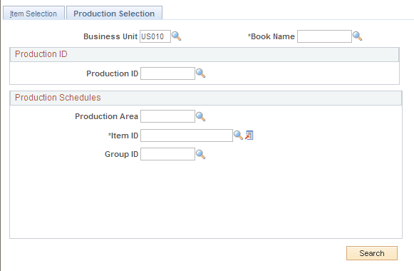 Adjust Actual Cost-Production Selection page.