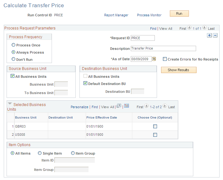 Calculate Transfer Price process page