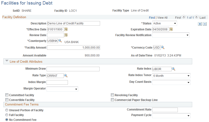Facilities for Issuing Debt page for a Line of Credit facility (1 of 2)