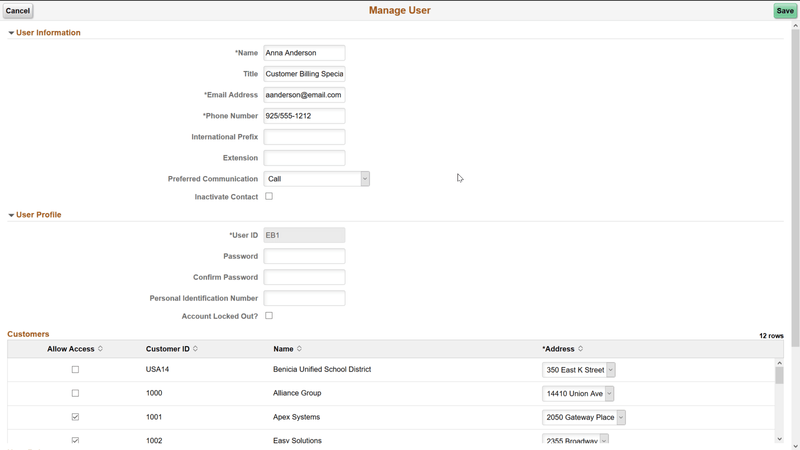 Manage User page (LFF only)