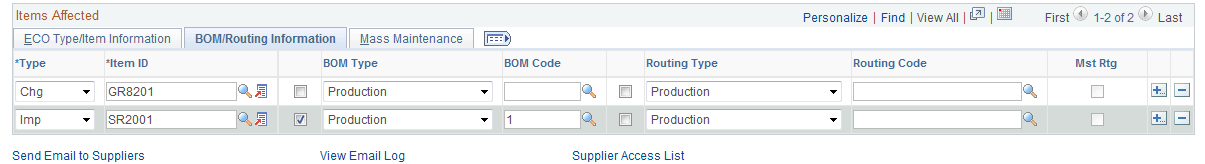 BOM/Routing Information for the ECO