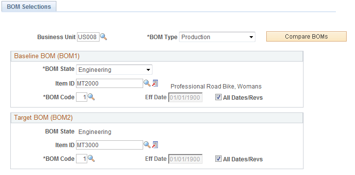 Compare EBOMs - BOM Selections page