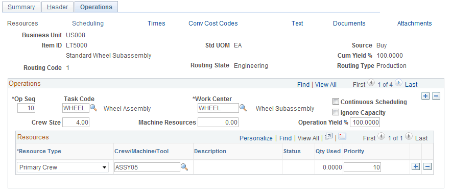 Define Engineering Routings - Operations: Resources page