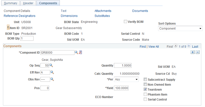 Engineering BOMs - Components: Component Details page